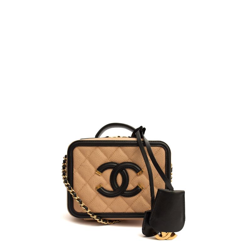 Chanel CC Filigree Vanity Case in Neutral, Caviar Leather with