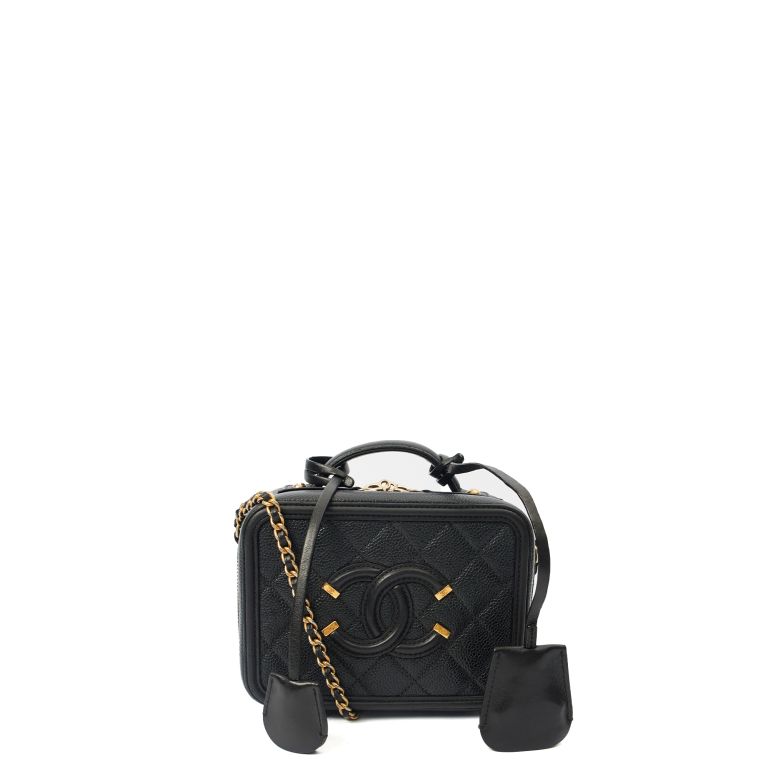 Chanel CC Filigree Vanity Case in Black, Caviar Leather with Gold