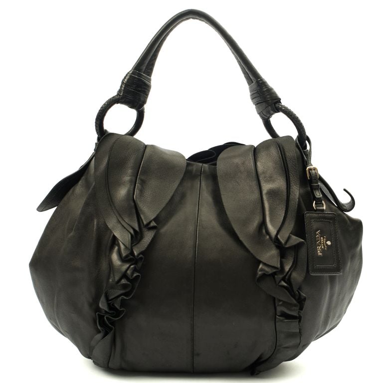 Prada Ruffle Hobo in Black, Leather Handbag Clinic
