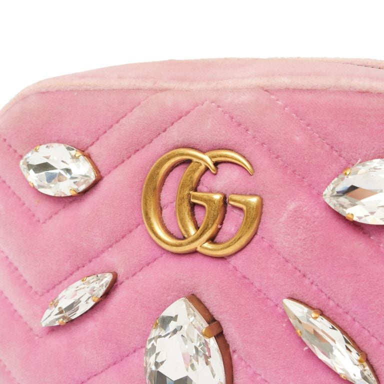 Gucci Marmont Shoulder Bag Mini in Pink, Velvet Handbag Clinic