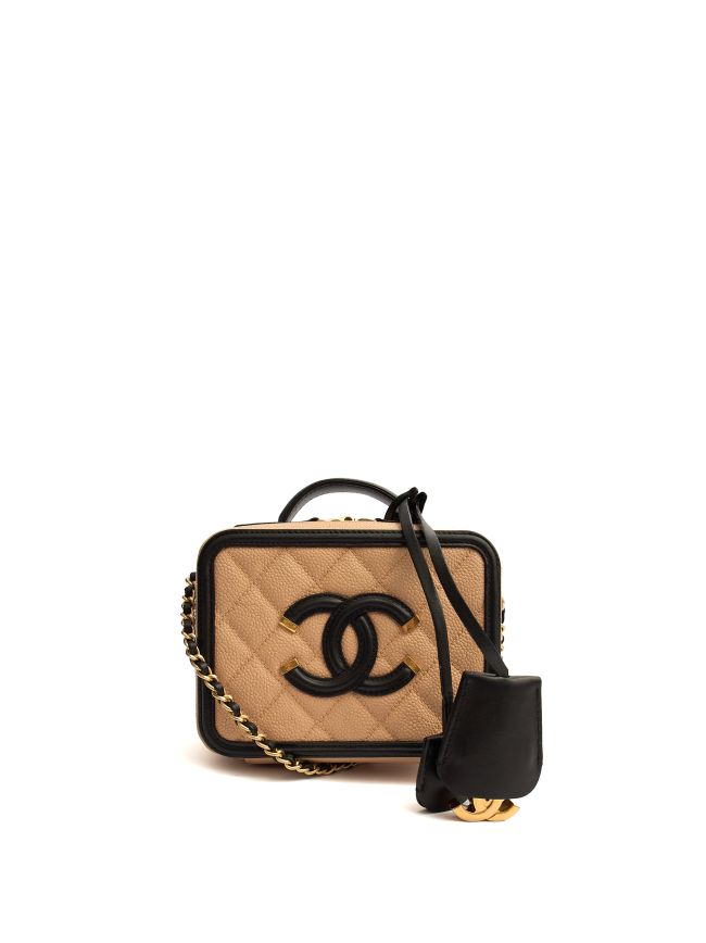 Chanel CC Filigree Vanity Case in Neutral, Caviar Leather with